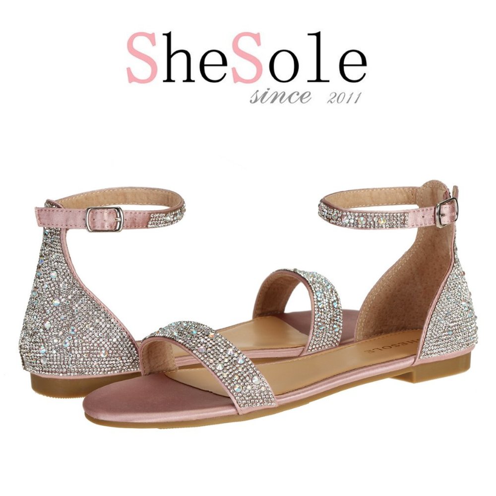 SheSole Women's Sparkly Rhinestone Strappy Flat Sandals Bridal Wedding Dress...